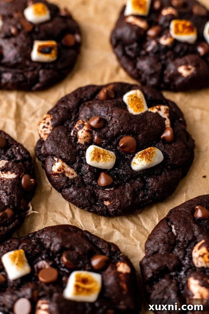 Freshly baked vegan hot chocolate cookies cooling on parchment paper, showcasing their deep color and soft centers.