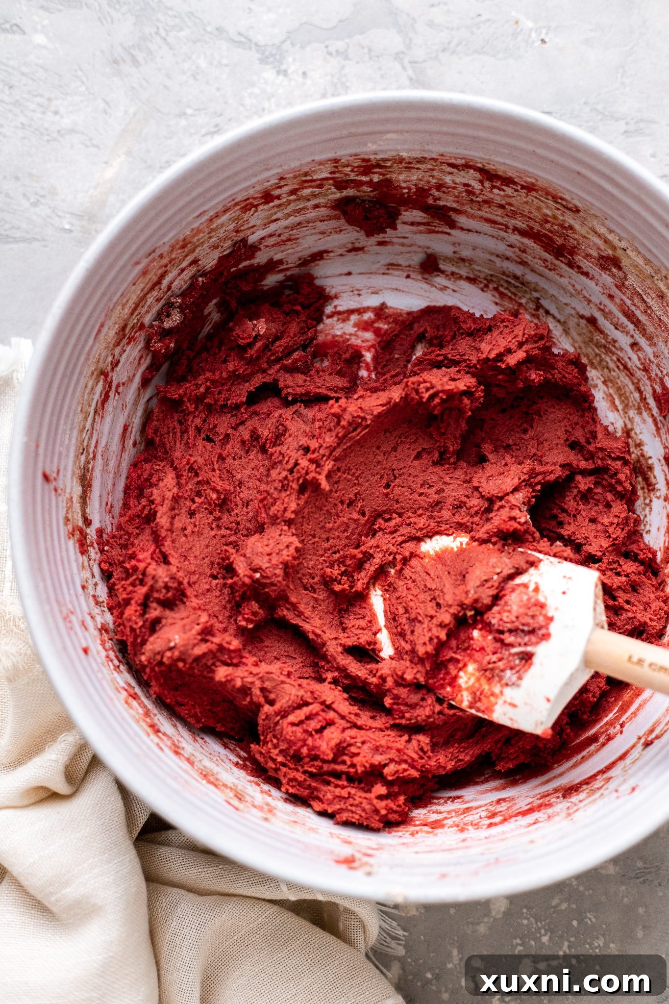 vibrant red velvet cookie dough ready for shaping