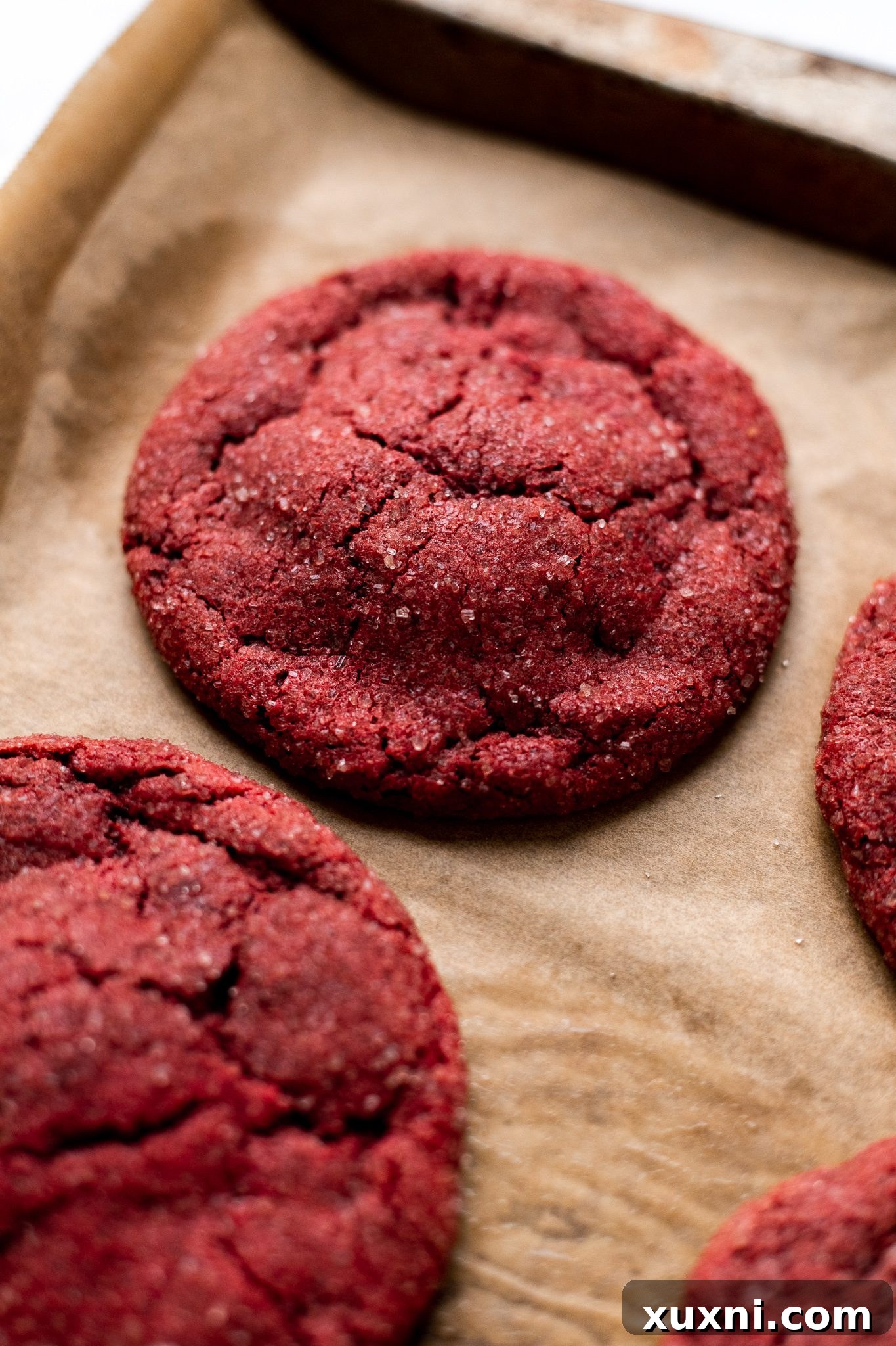 freshly baked red velvet cookies golden and puffed