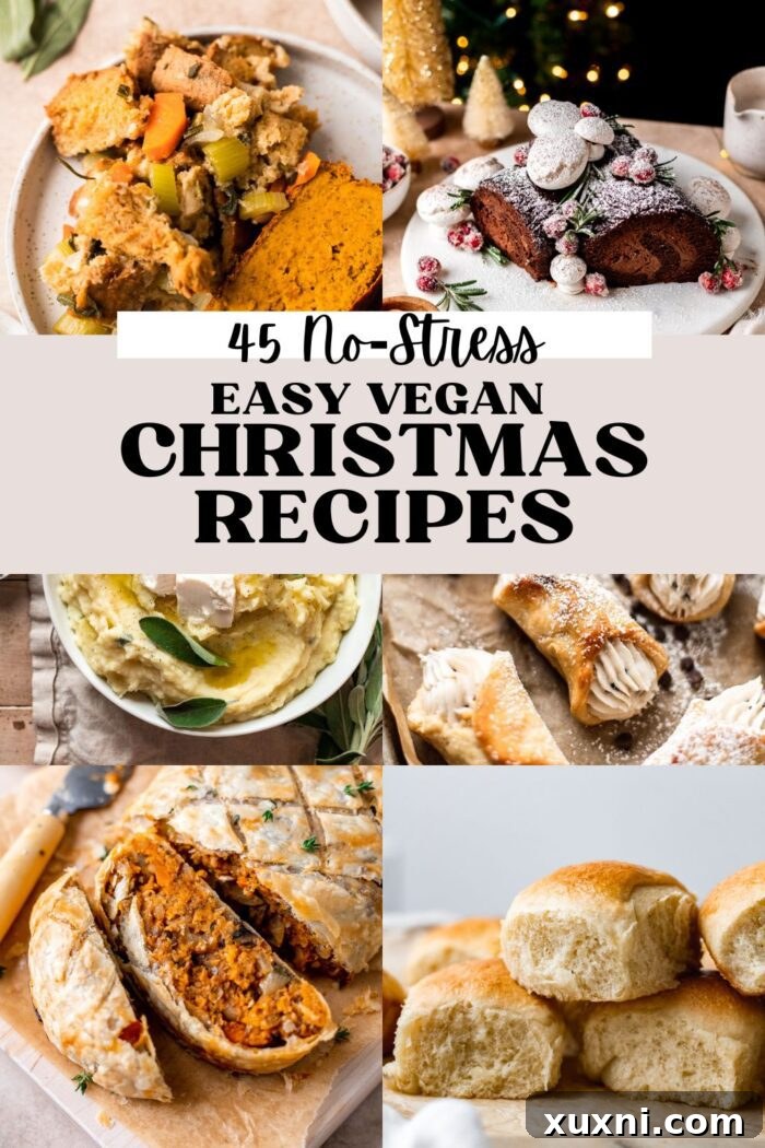 A beautifully decorated vegan Christmas dinner table, featuring roasted butternut squash, festive salads, dinner rolls, and various plant-based dishes, creating an inviting and abundant holiday feast.