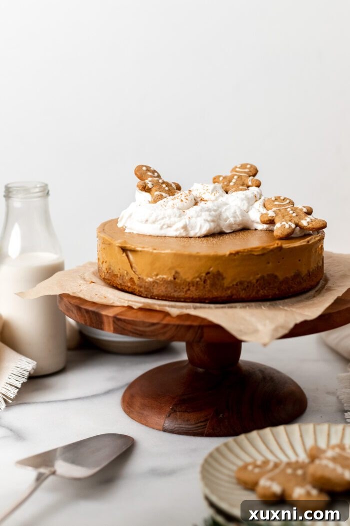 gingerbread cheesecake on a cake stand