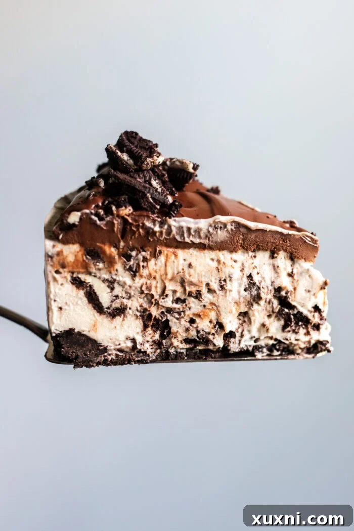 A spatula holding a pristine slice of vegan Oreo cheesecake, highlighting its smooth texture and generous Oreo distribution, ready for serving.