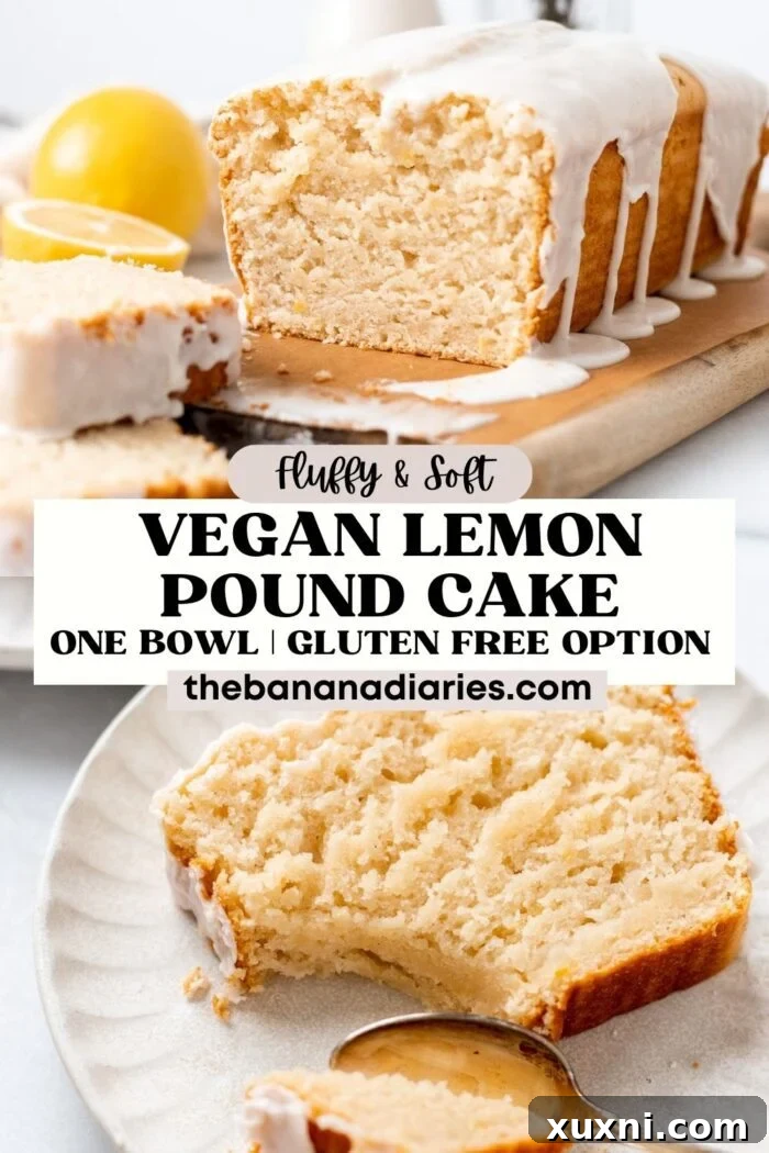 Pinterest optimized image for Moist Vegan Lemon Pound Cake with Vanilla Bean Glaze.