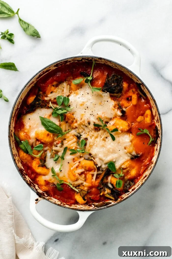 25-Minute No-Boil Vegan Cheesy Baked Gnocchi with Beans 12 The finished vegan baked gnocchi, golden and bubbling, after baking.