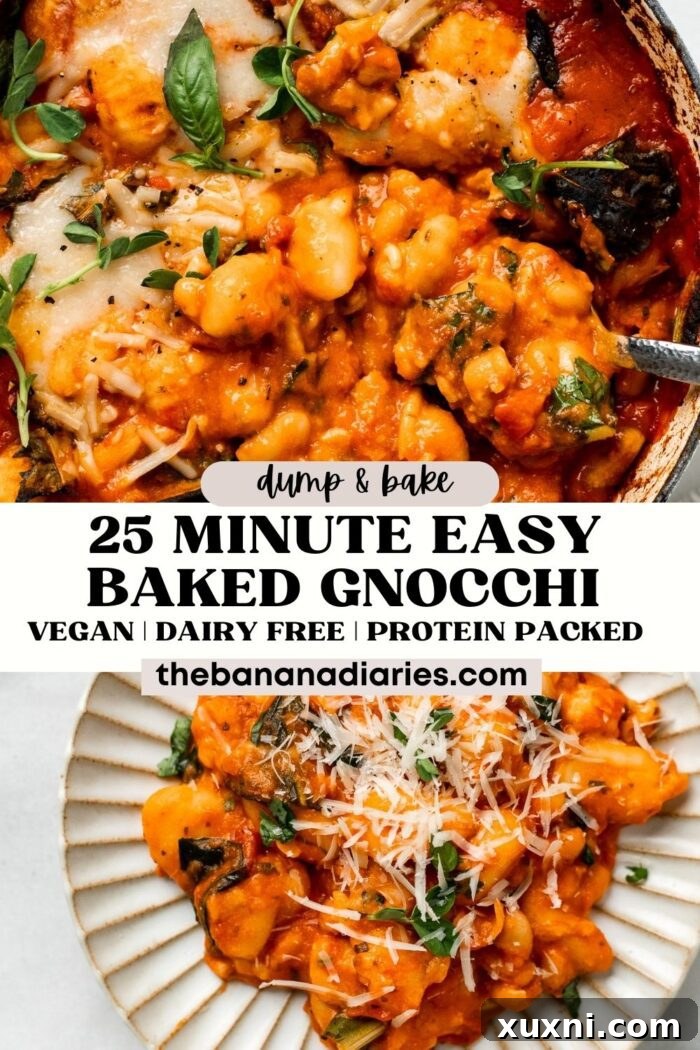25-Minute No-Boil Vegan Cheesy Baked Gnocchi with Beans 15 Pinterest pin for 25-Minute Easy Vegan Baked Gnocchi (So cheesy! No boil!), showcasing the dish.