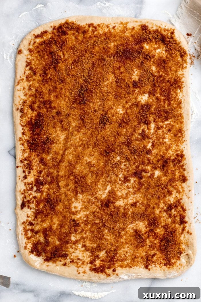 Dough covered with melted vegan butter and cinnamon-sugar mixture