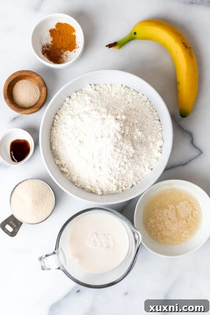 All the simple ingredients for vegan banana bread cinnamon rolls displayed