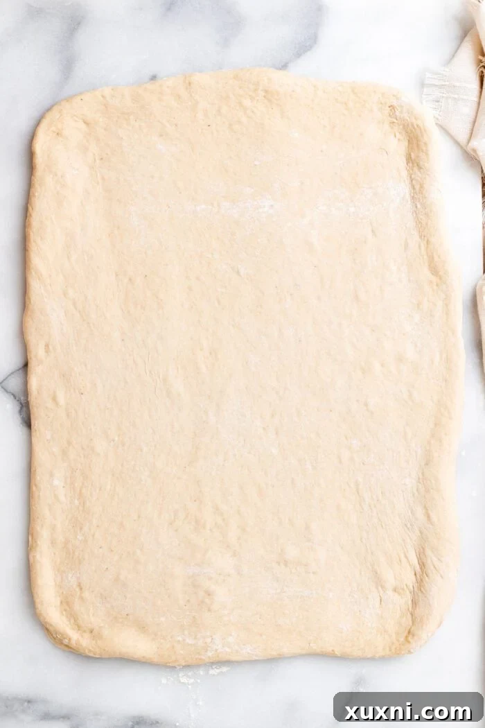 Perfectly rolled out cinnamon roll dough on a floured surface