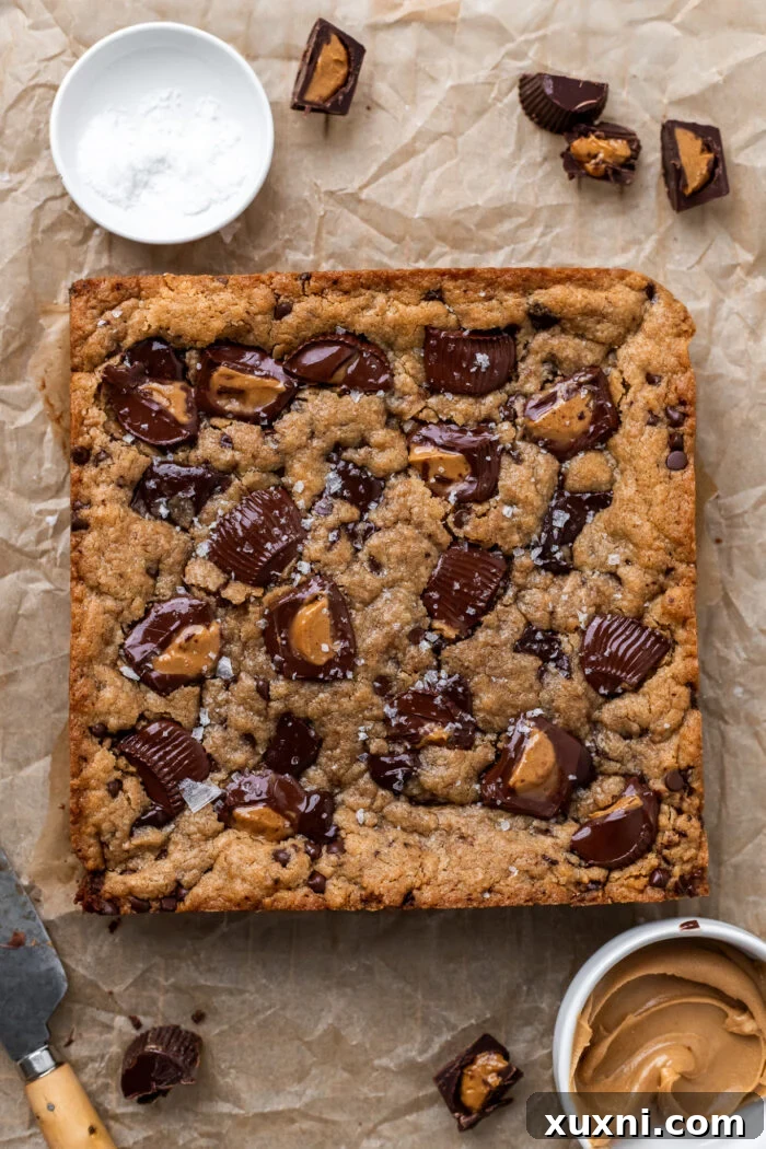 Close-up of baked vegan peanut butter blondies cooling on parchment paper, rich with chocolate