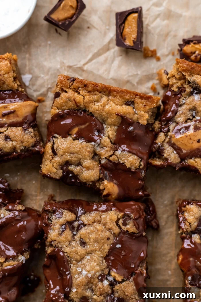 Close-up of freshly baked and sliced vegan peanut butter cookie bars showing their soft texture