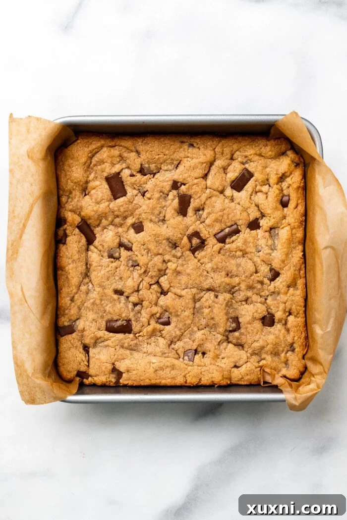 Warm, baked vegan peanut butter blondies in the pan, ready to be sliced