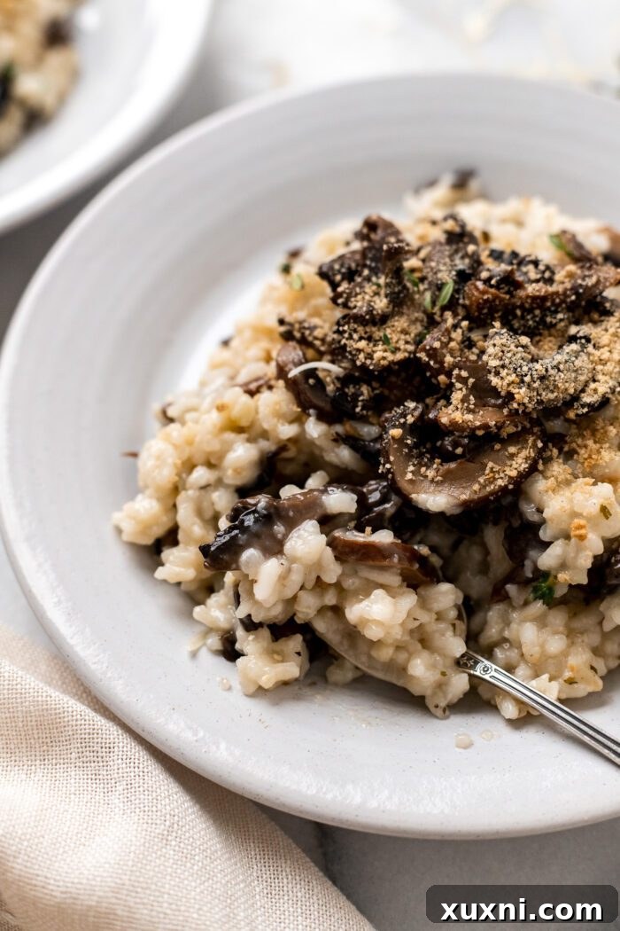A serving of vegan mushroom risotto, garnished with fresh herbs and a drizzle of olive oil, ready to eat.