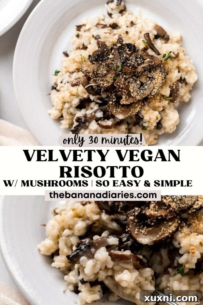 Pinterest pin graphic for Velvety Vegan Risotto with Mushrooms, featuring a mouth-watering image of the dish.