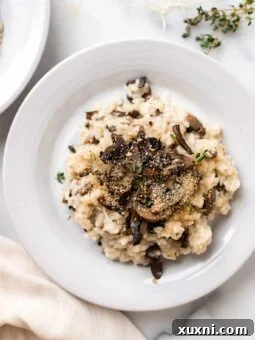 Plate of creamy vegan risotto with mushrooms, ready to serve.