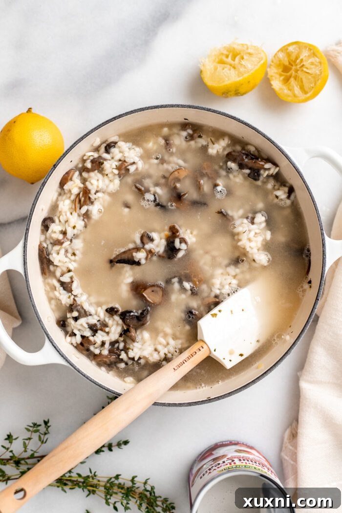 A ladle adding warm vegetable broth to the cooking risotto in a pot.