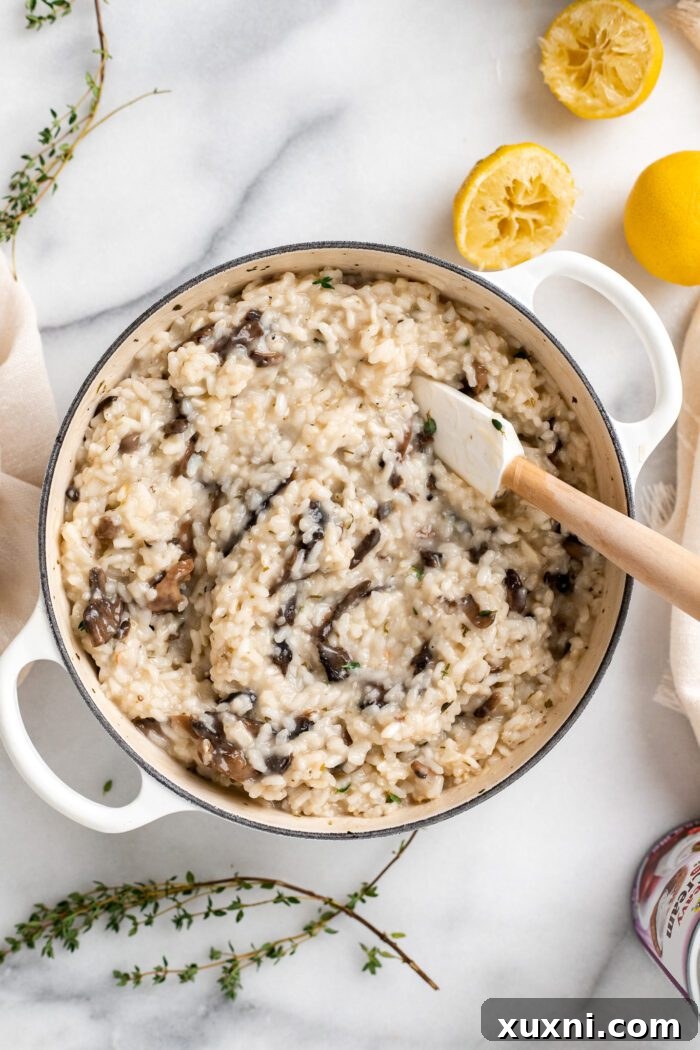 Vegan risotto actively cooking on the stovetop, with broth being absorbed by the rice.