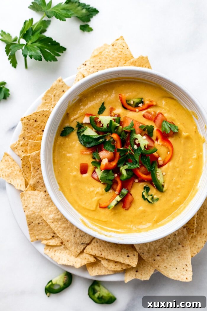 bowl of vegan Queso with toppings, garnished with fresh herbs and chiles