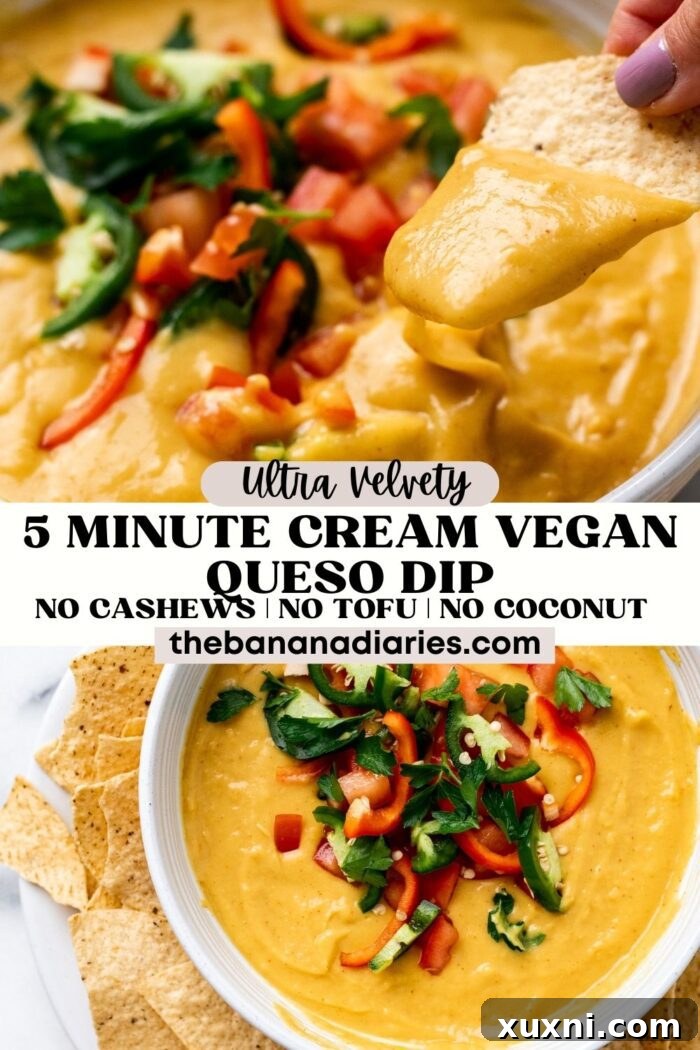 Pinterest pin image for 5-Minute Easy Cheesy Vegan Queso (No Cashews, No Tofu, No Coconut) with vibrant toppings