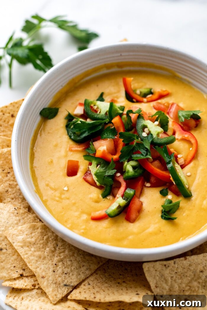 close up of vegan Queso dip with chopped chiles and fresh cilantro on top