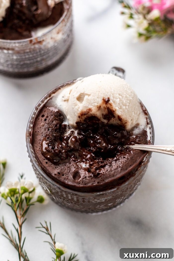 Close up of a warm vegan Nutella mug cake, rich and inviting