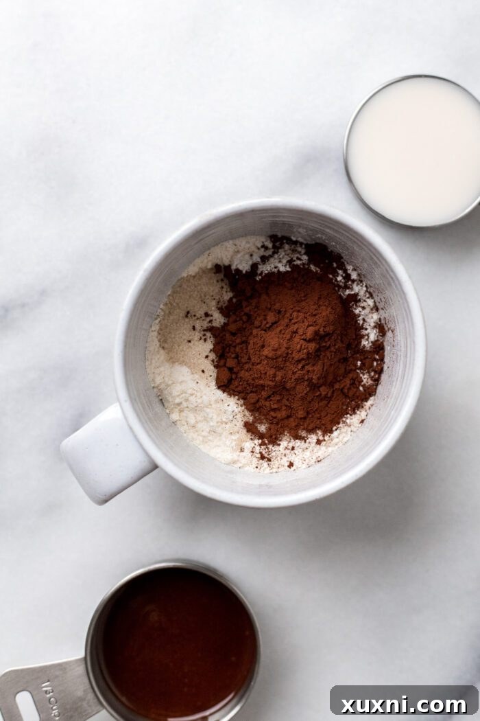 Dry ingredients like flour, cocoa powder, sugar, baking powder, and salt in a mug before mixing