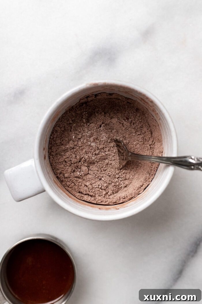 Whisked dry ingredients in a mug, showing an even, clump-free mixture