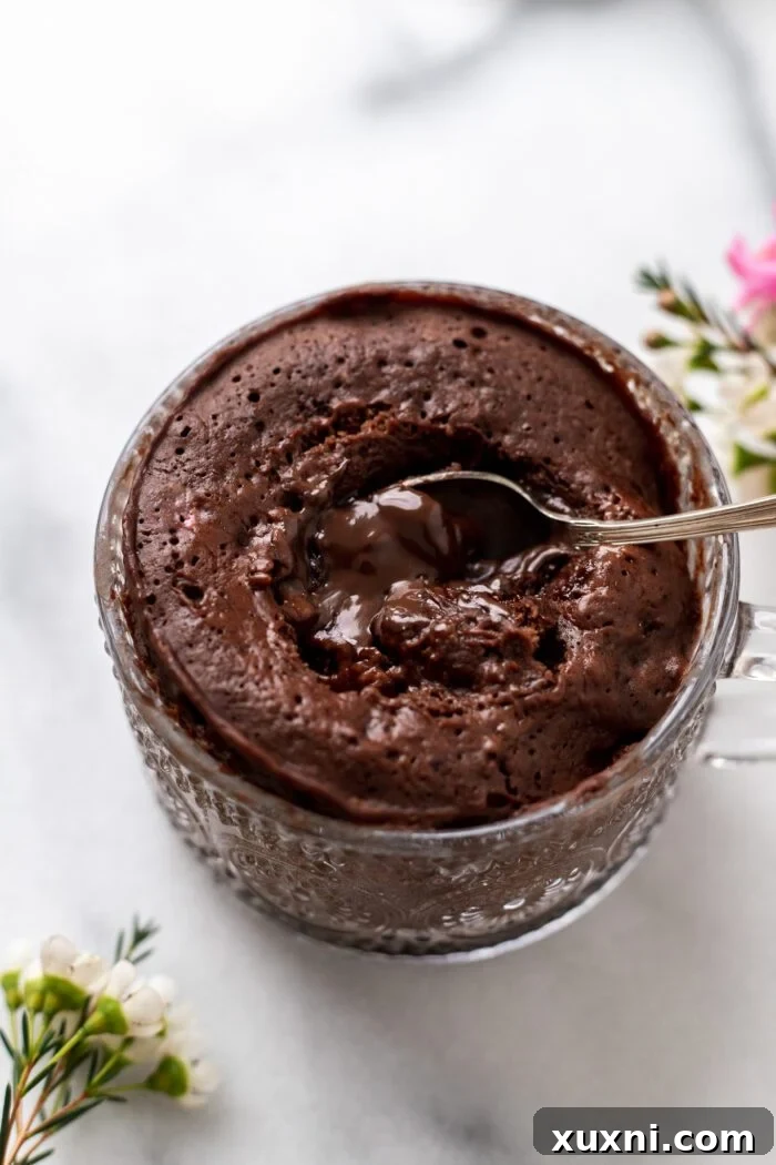 Baked vegan Nutella mug cake in a mug, freshly out of the microwave