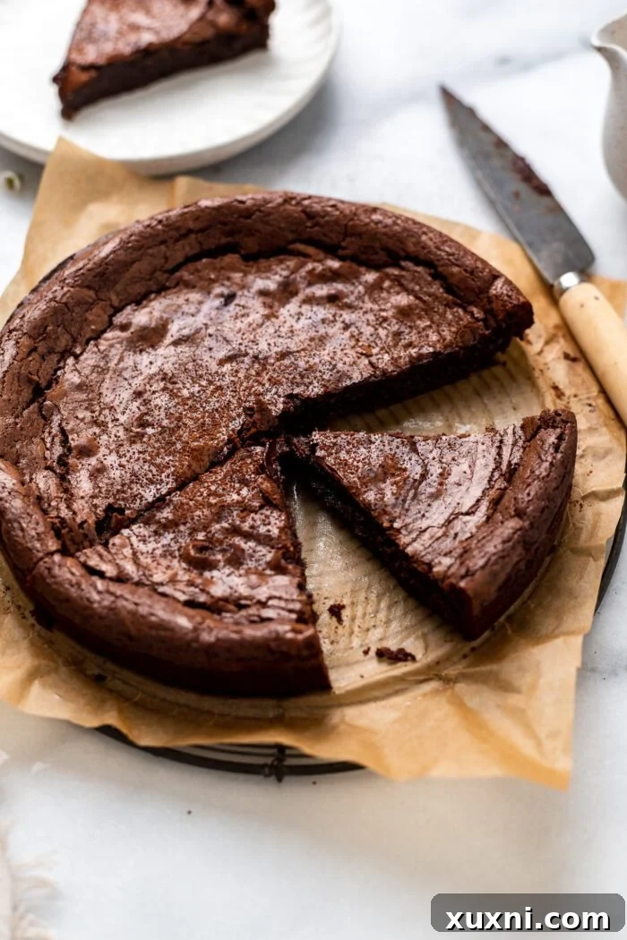 A freshly sliced vegan chocolate cake ready to be served.