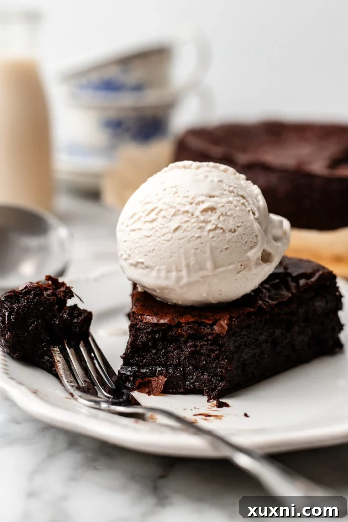 A piece of vegan chocolate cake with a bite taken out, showing the dense interior.