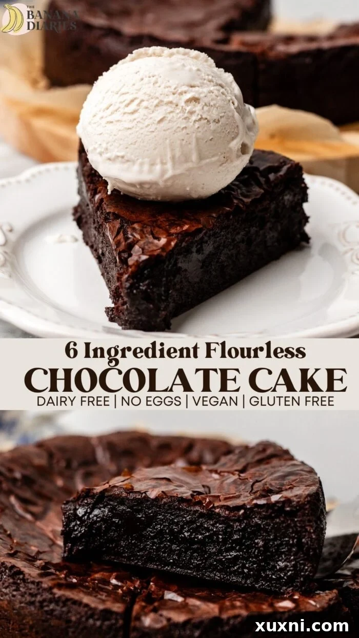 A Pinterest-friendly image for a 6-Ingredient Fudgy Vegan Flourless Chocolate Cake Recipe, ready to be saved.