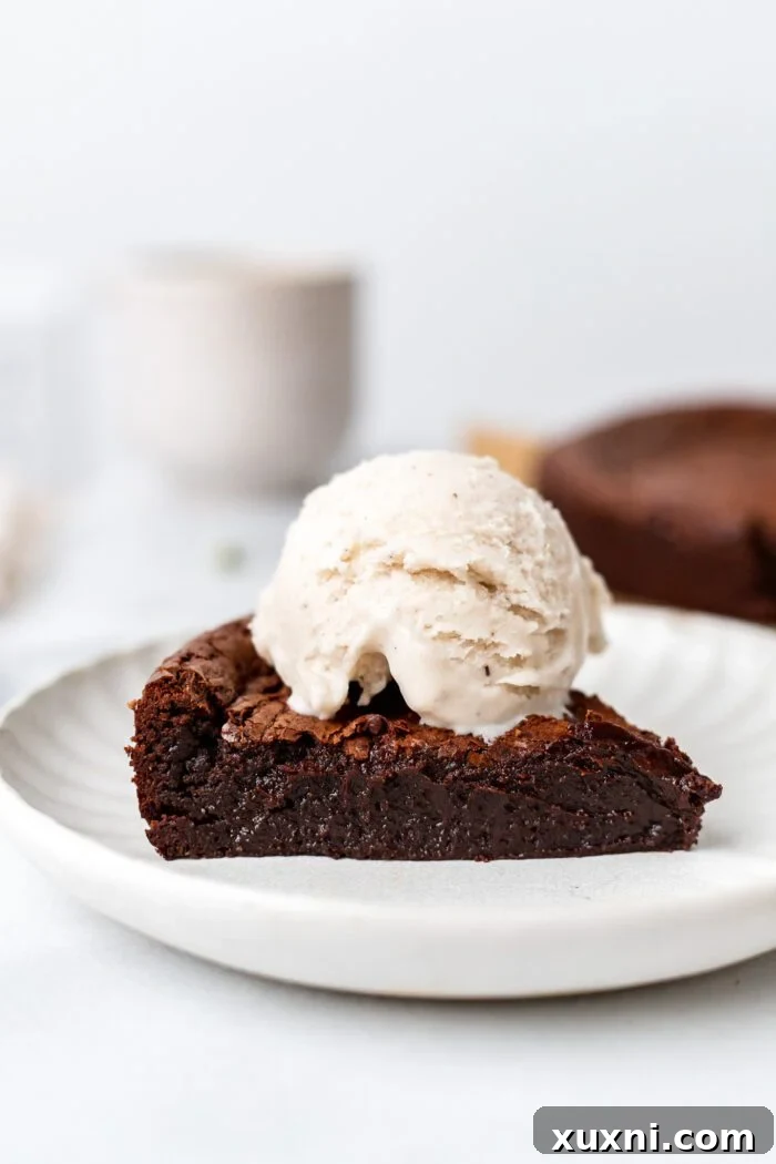 A perfectly portioned slice of vegan flourless chocolate cake, revealing its rich, dark color and dense texture.