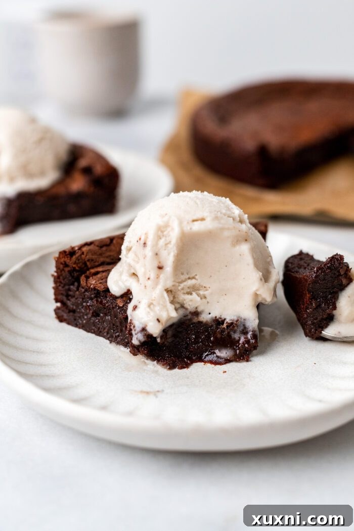 Another perspective of the vegan flourless chocolate cake, with a bite revealing its tender, brownie-like consistency.