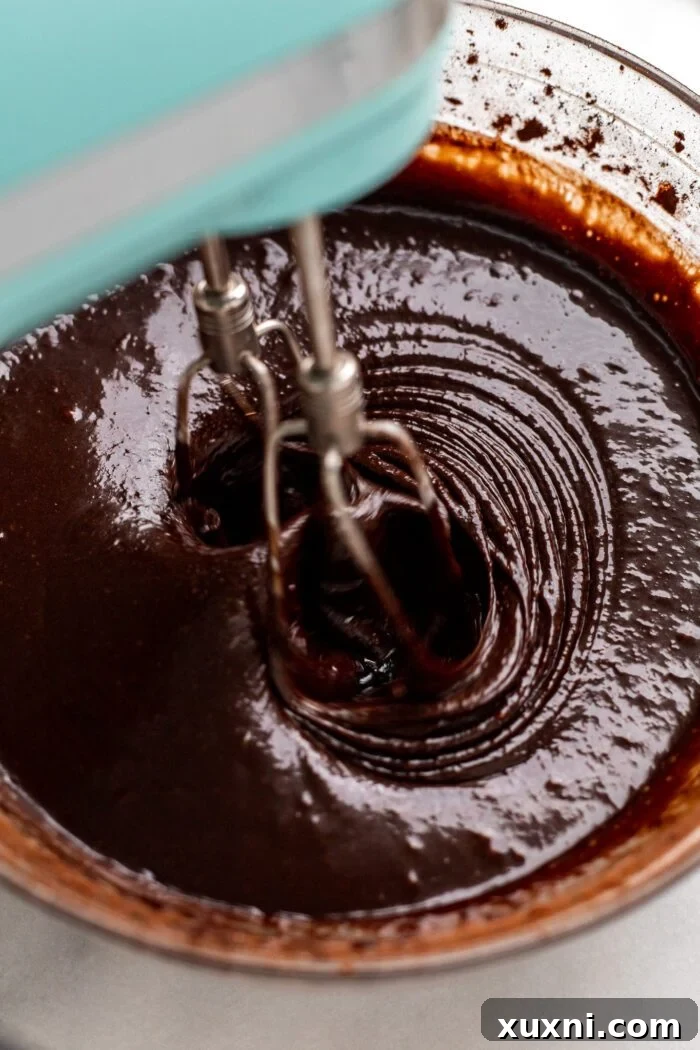 Chickpea flour and cocoa powder being added to the chocolate cake batter and mixed.