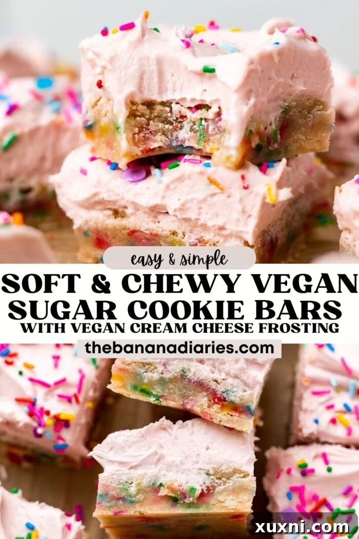 Pinterest pin for Soft & Chewy Vegan Sugar Cookie Bars with Rich Cream Cheese Frosting, featuring a delectable image of the dessert.