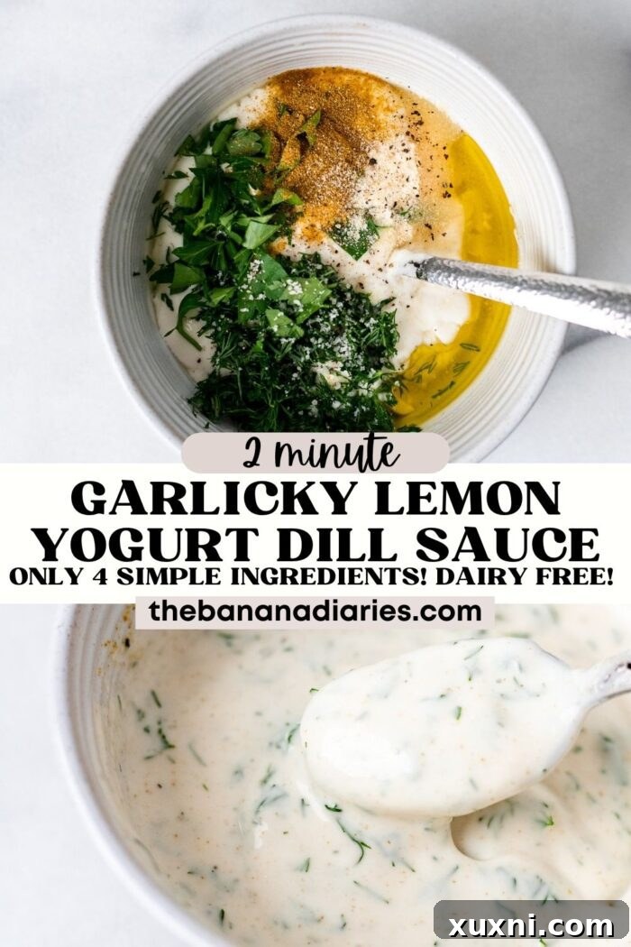 2 Minute Flavor Packed Lemon Yogurt Dill Sauce (Dairy Free!) pinterest pin