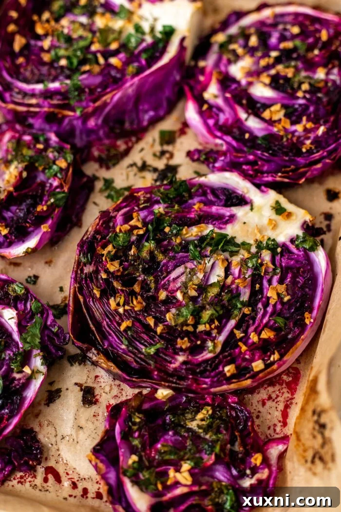roasted red cabbage on a baking sheet