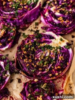roasted red cabbage on a baking sheet