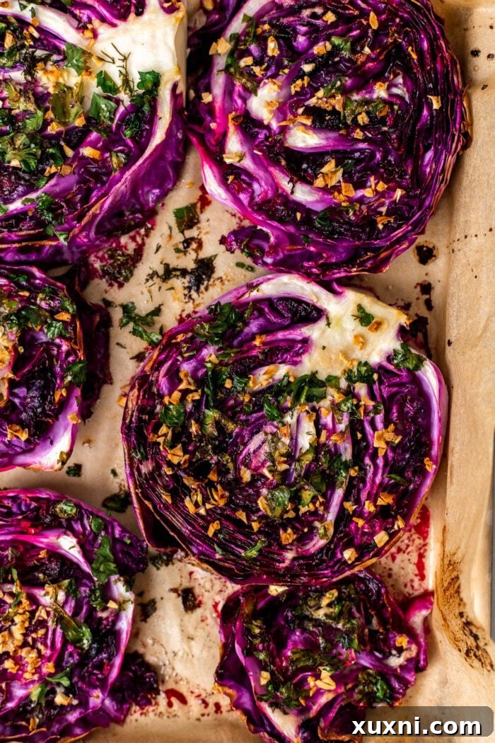 roasted red cabbage on a baking sheet