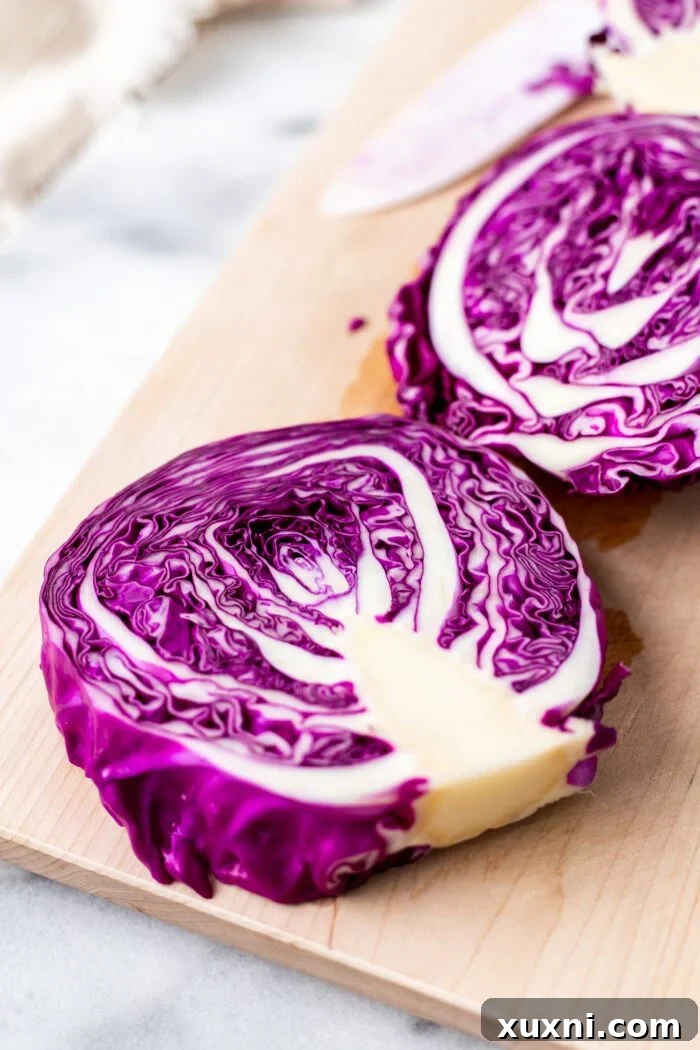 red cabbage sliced into cabbage steaks