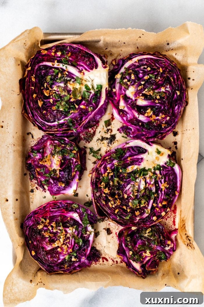 roasted red cabbage on a baking sheet