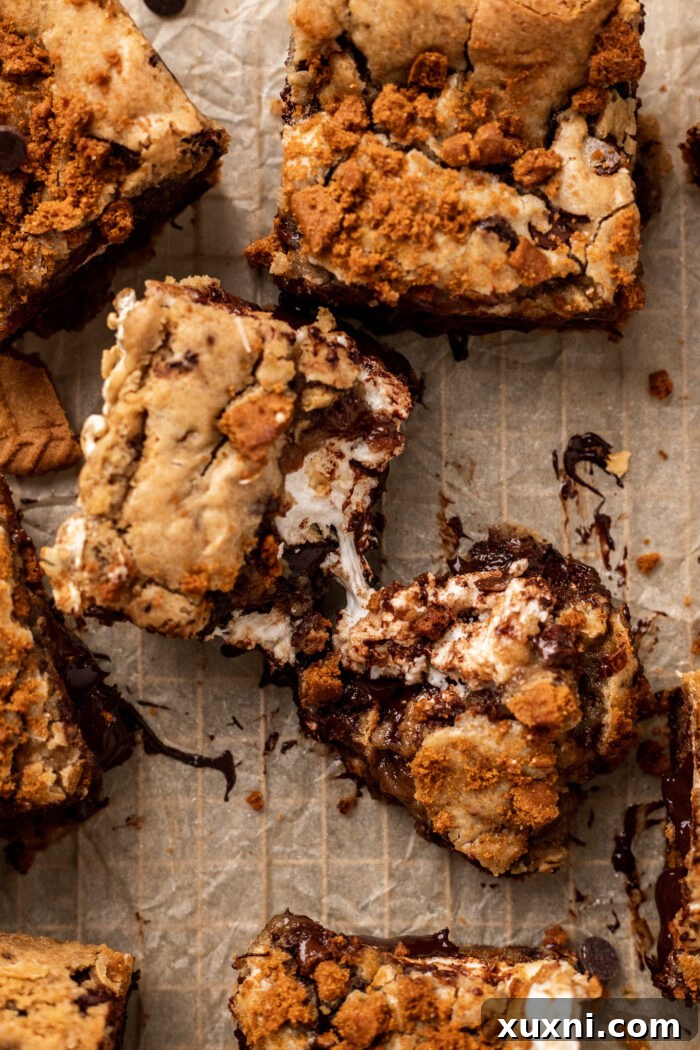 Broken open vegan s'mores cookie bar, revealing the rich layers of chocolate, marshmallow, and cookie