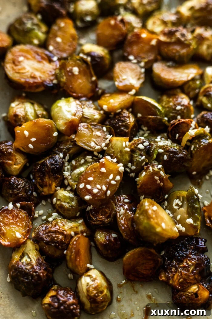 close up of roasted crispy Brussels sprouts
