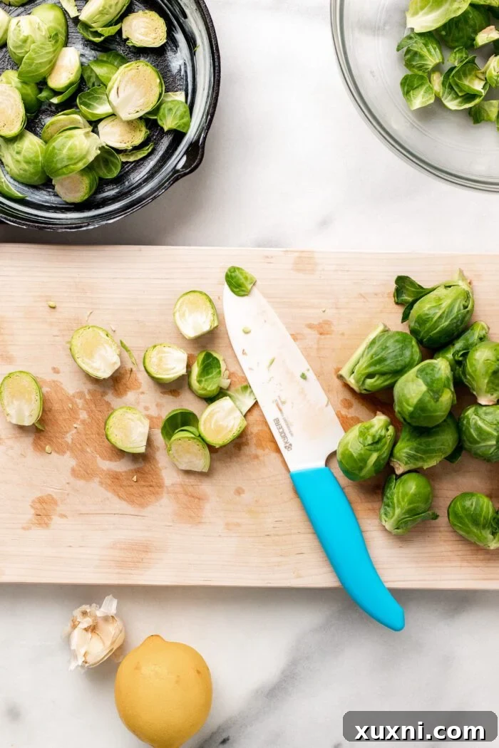 chopping the Brussels sprouts
