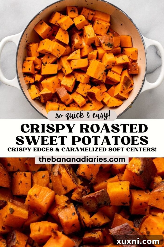 Pinterest graphic: How to make Crispy Roasted Sweet Potatoes in the Oven (EASY 30 minute recipe!)