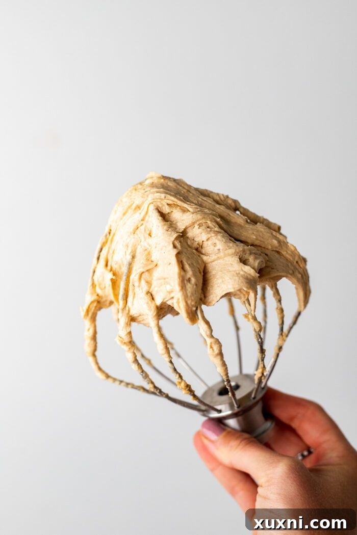 Foolproof Ultra Creamy Vegan Peanut Butter Frosting 9 whisk with peanut butter frosting in it