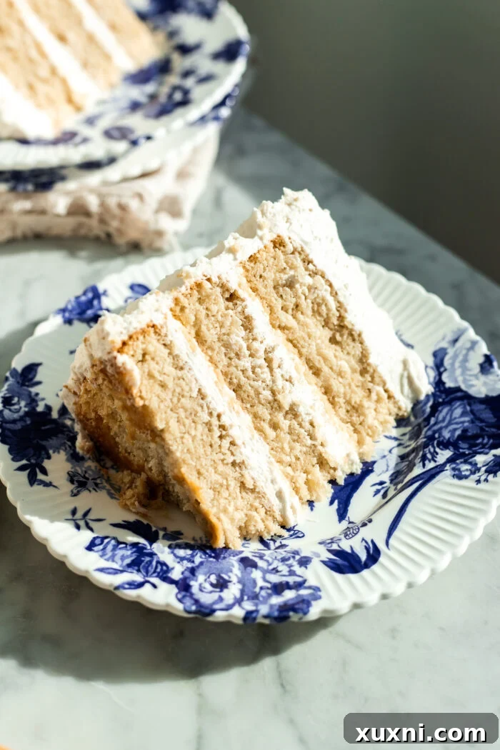 Another enticing slice of vegan vanilla cake, highlighting its rich, moist layers and creamy frosting.