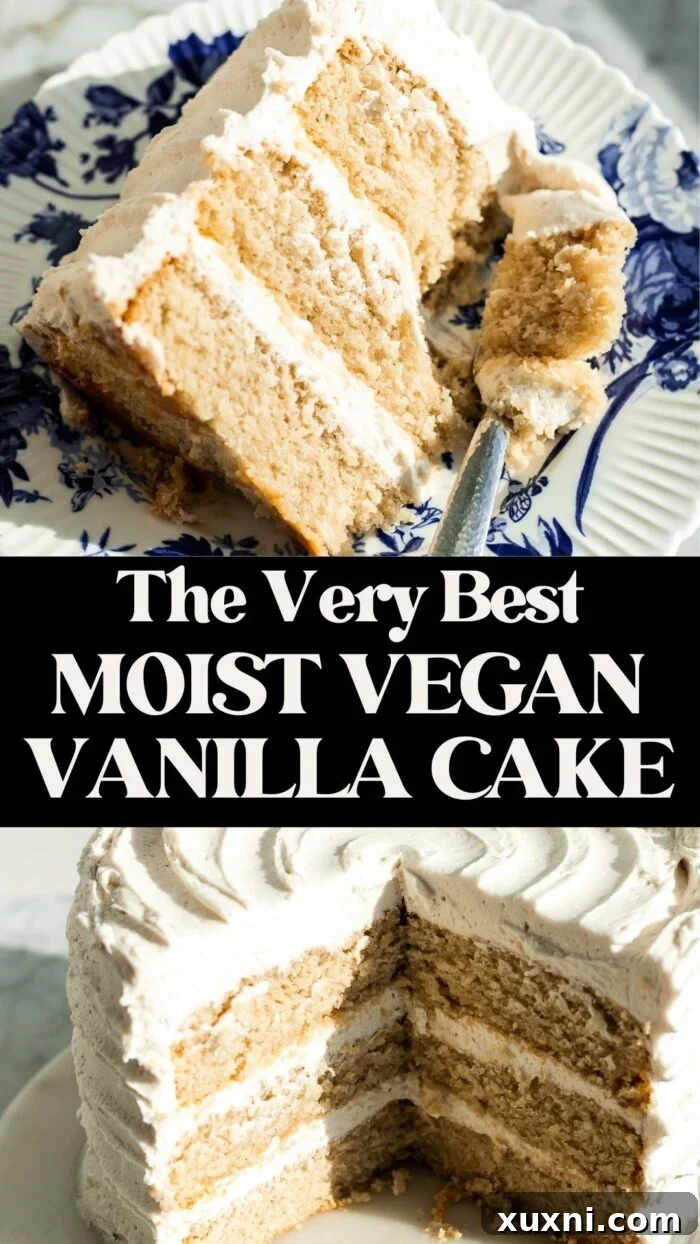 A vertical pin image for 'Best Ever Vegan Vanilla Cake' showing a beautifully frosted cake.