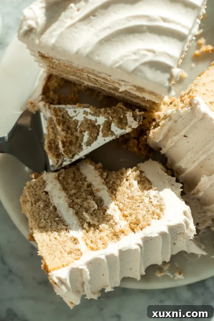 Three slices of vegan vanilla cake neatly arranged on a marble counter, ready to be served.