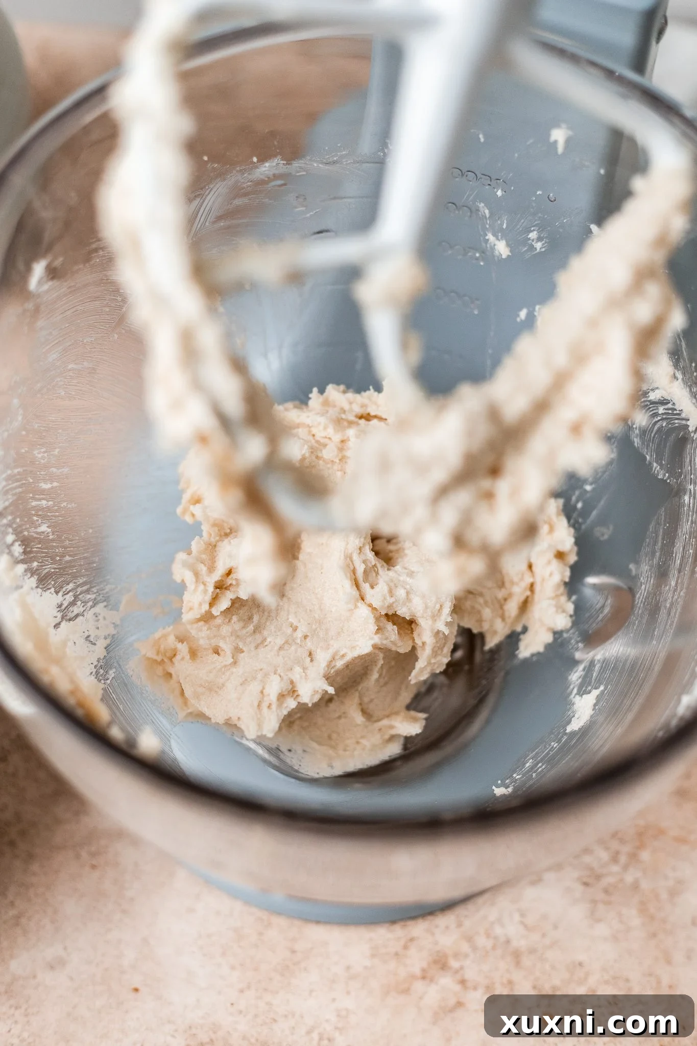 Creamed vegan butter, oil, and sugar in a mixer bowl, light and fluffy.