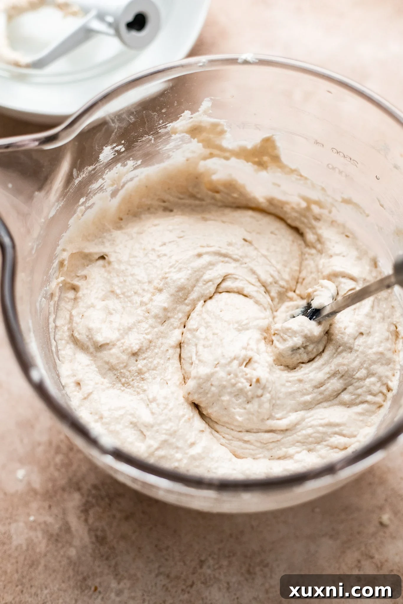 Smooth, consistent vegan vanilla cake batter ready for baking.